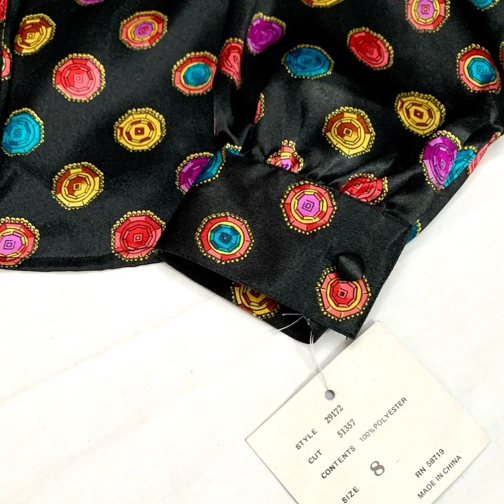 NWT Vintage “Notations” multi color gems on black print long sleeve blouse- 8 - Picture 8 of 12